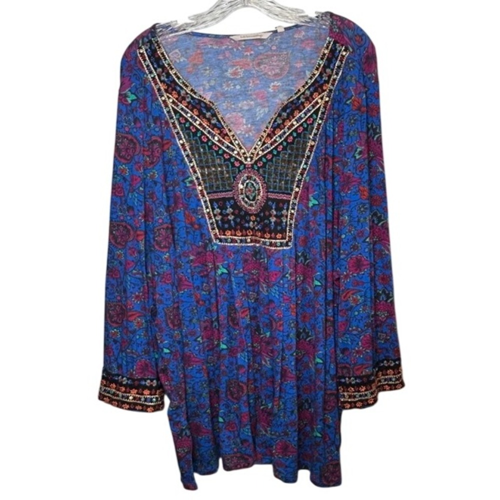 Soft Surroundings Women's Blue Floral Beaded Sequin 3/4 Sleeve Tunic Blouse 3X